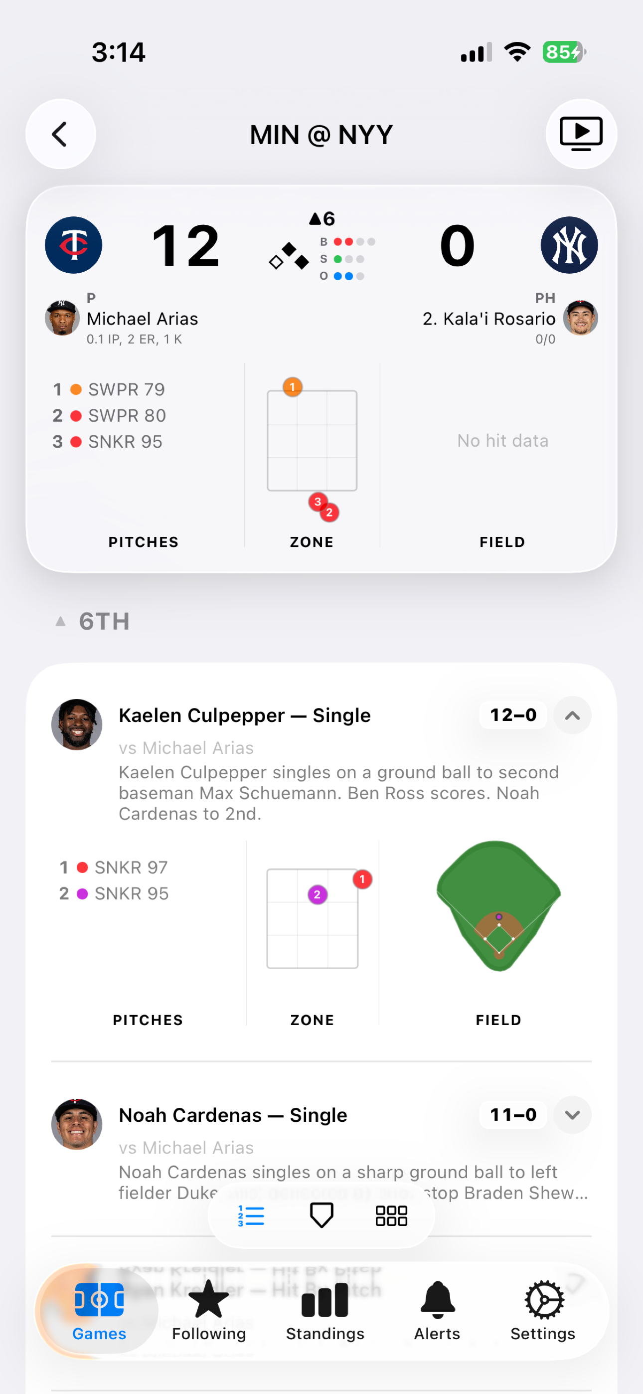 Live at-bat with pitches, zone, and play-by-play